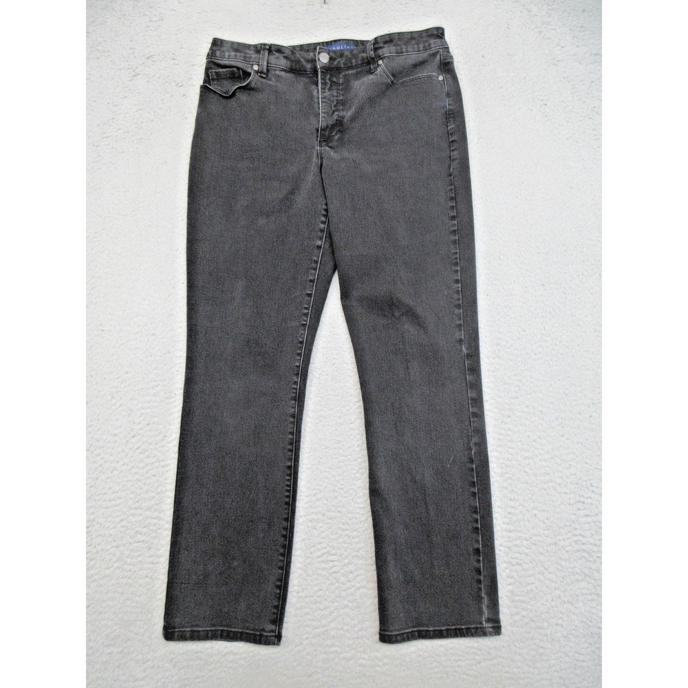 Bandolino Amy Straight Jeans Women 14 Black Charcoal Wash Mid Rise Stretch Denim